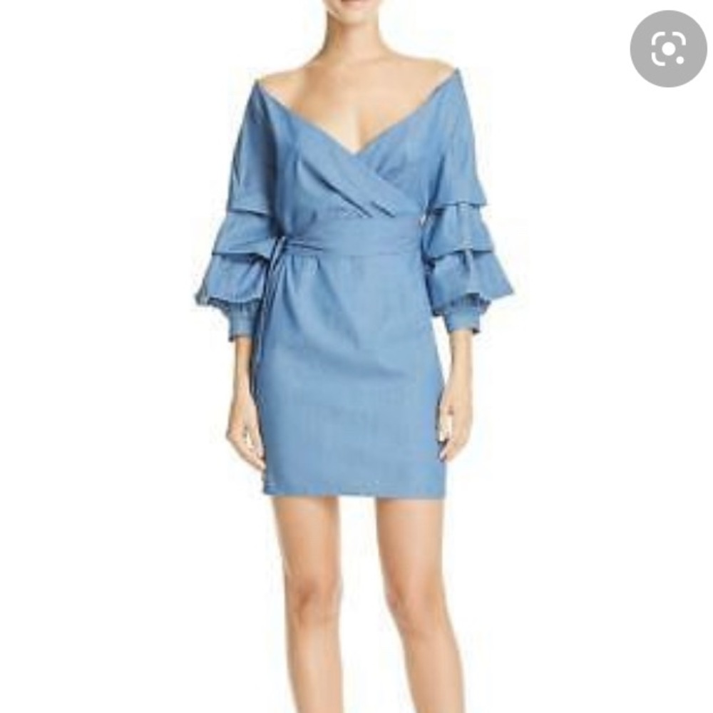 DO + BE CHAMBRAY DENIM DRESS  PUFF RUFFLE SLEEVES PLEATS FEMININE